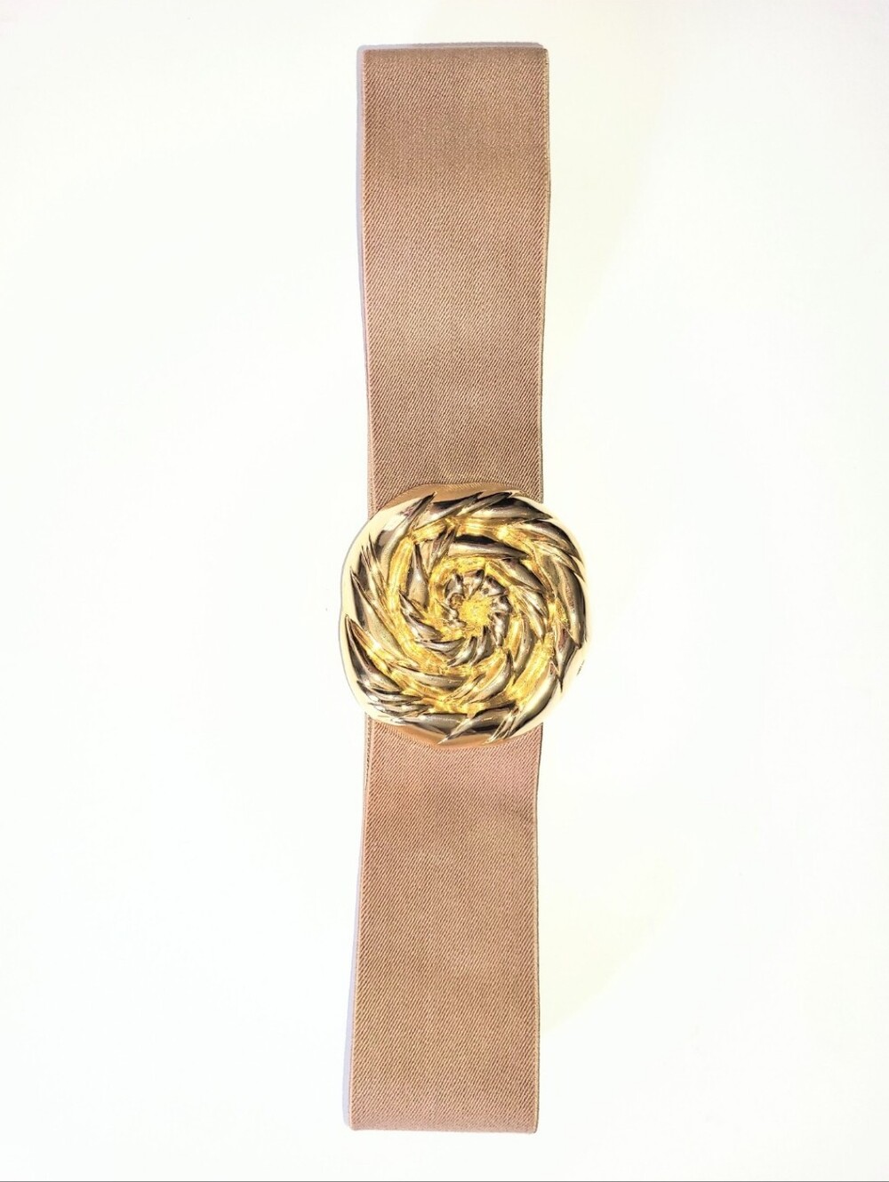 1980's Vintage Pearl Gold Swirl Metal Medallion Tan Elastic Band Belt Medium